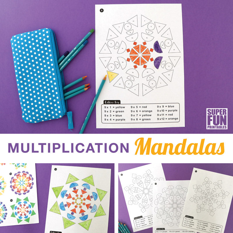 Multiplication mandalas – geometric shape colouring pages to help kids learn times tables